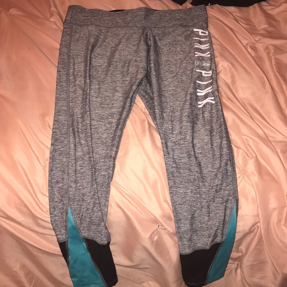 Pink leggings grey black and blue at bottom